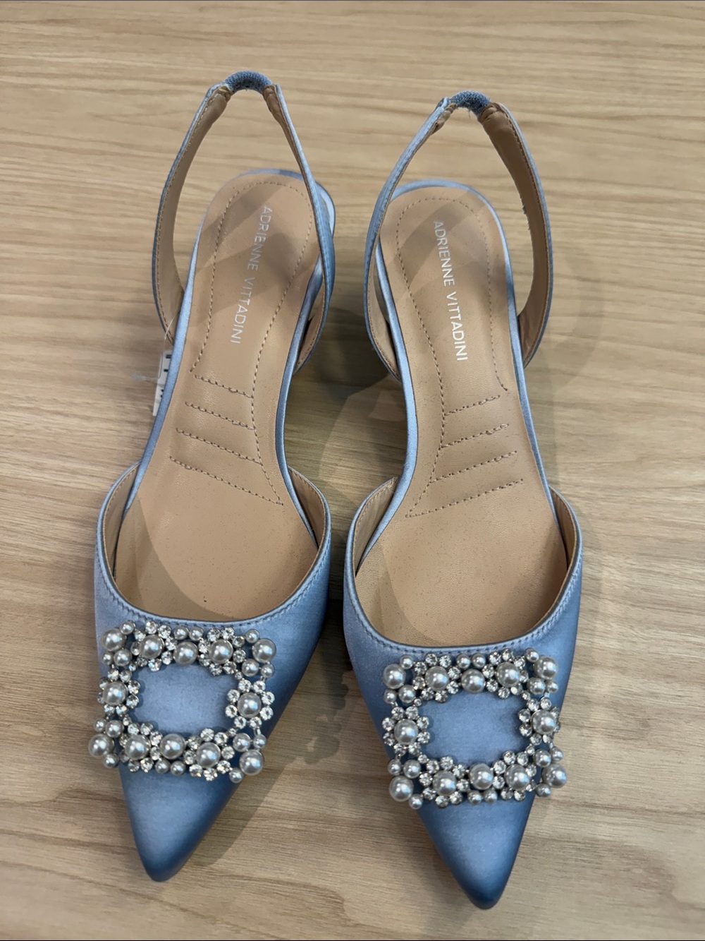 Adrienne Vittadini Light Blue Satin Slingback Flats with Pearl Crystal Buckles